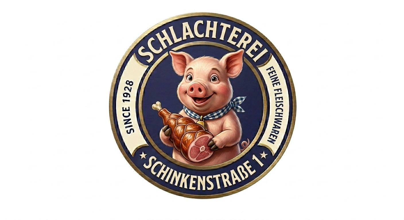 Emblem der Fleischerei Schinkenstraße 1 mit Schwein und Schinken