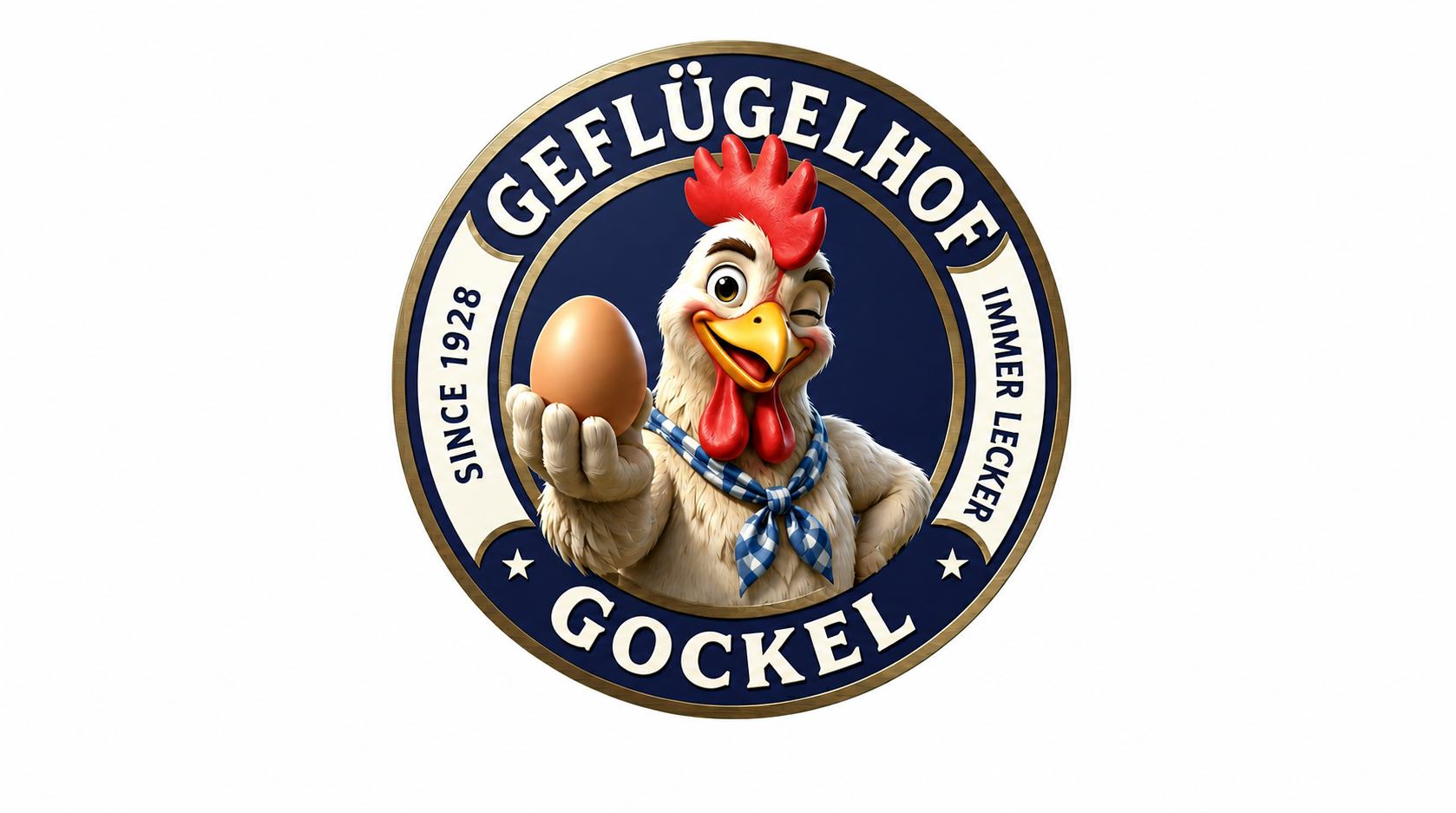 Emblem des Geflügelhofs Gockel mit Hahn und Ei