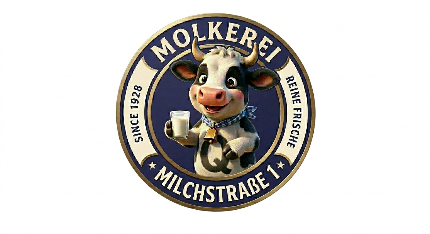 Emblem der Molkerei Milchstraße 1 mit Kuh und Milchglas