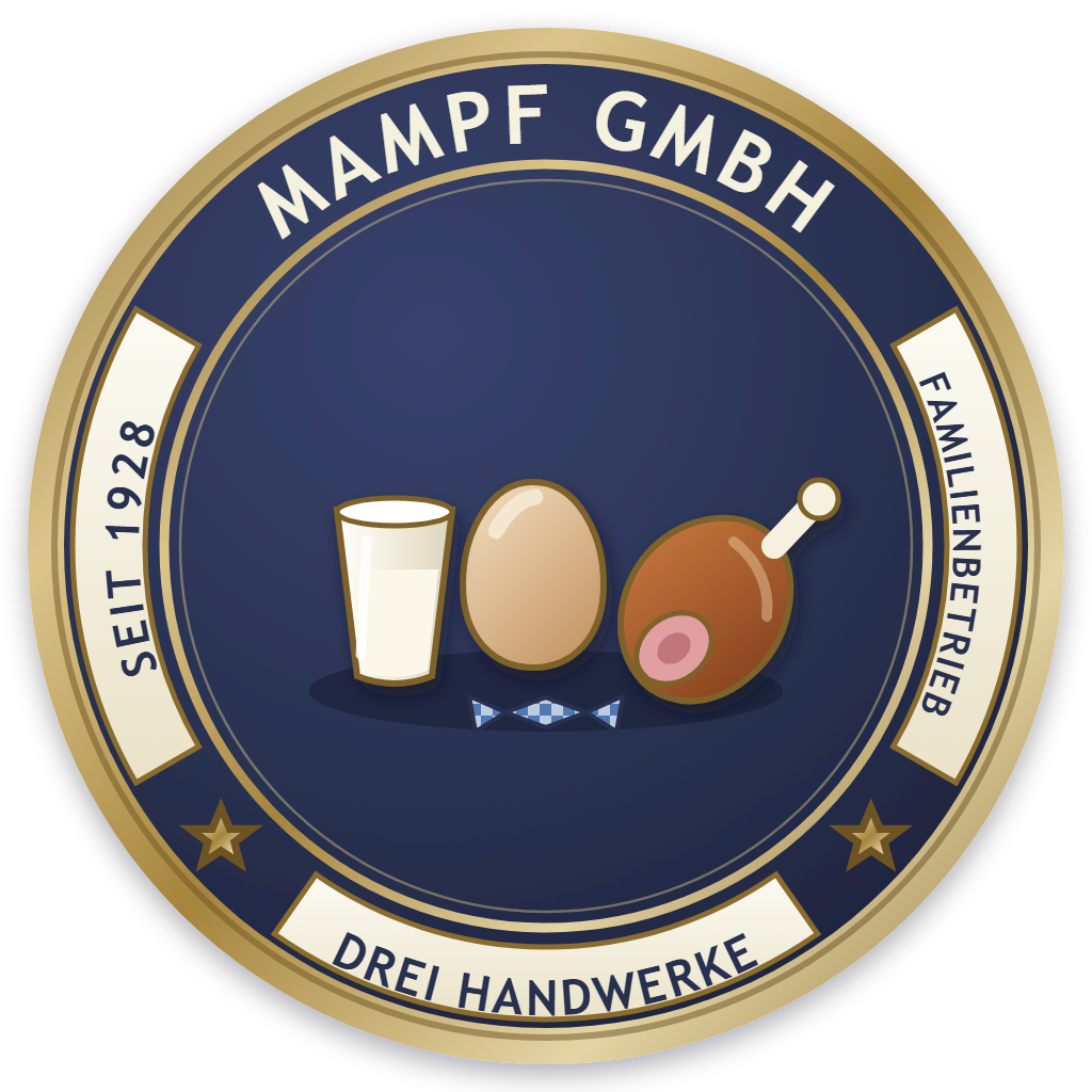Emblem der Mampf GmbH: Ei, Milchglas und Schinken im Medaillon, Familienbetrieb seit 1928